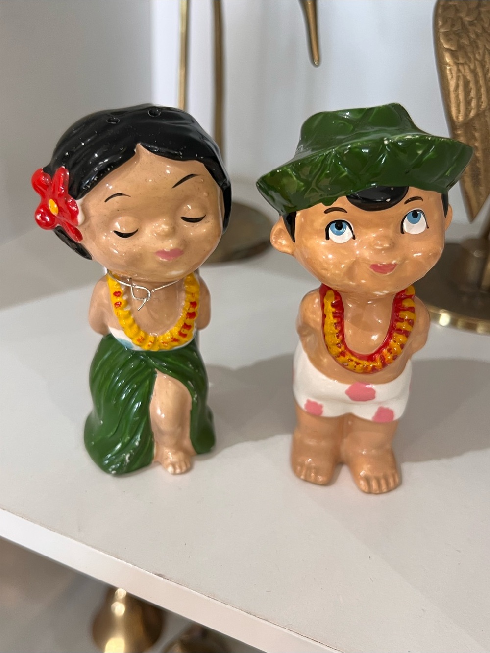 Vintage Hawaiian Hula Pair Ceramic Salt & Pepper Shakers - Green, Red, Yellow